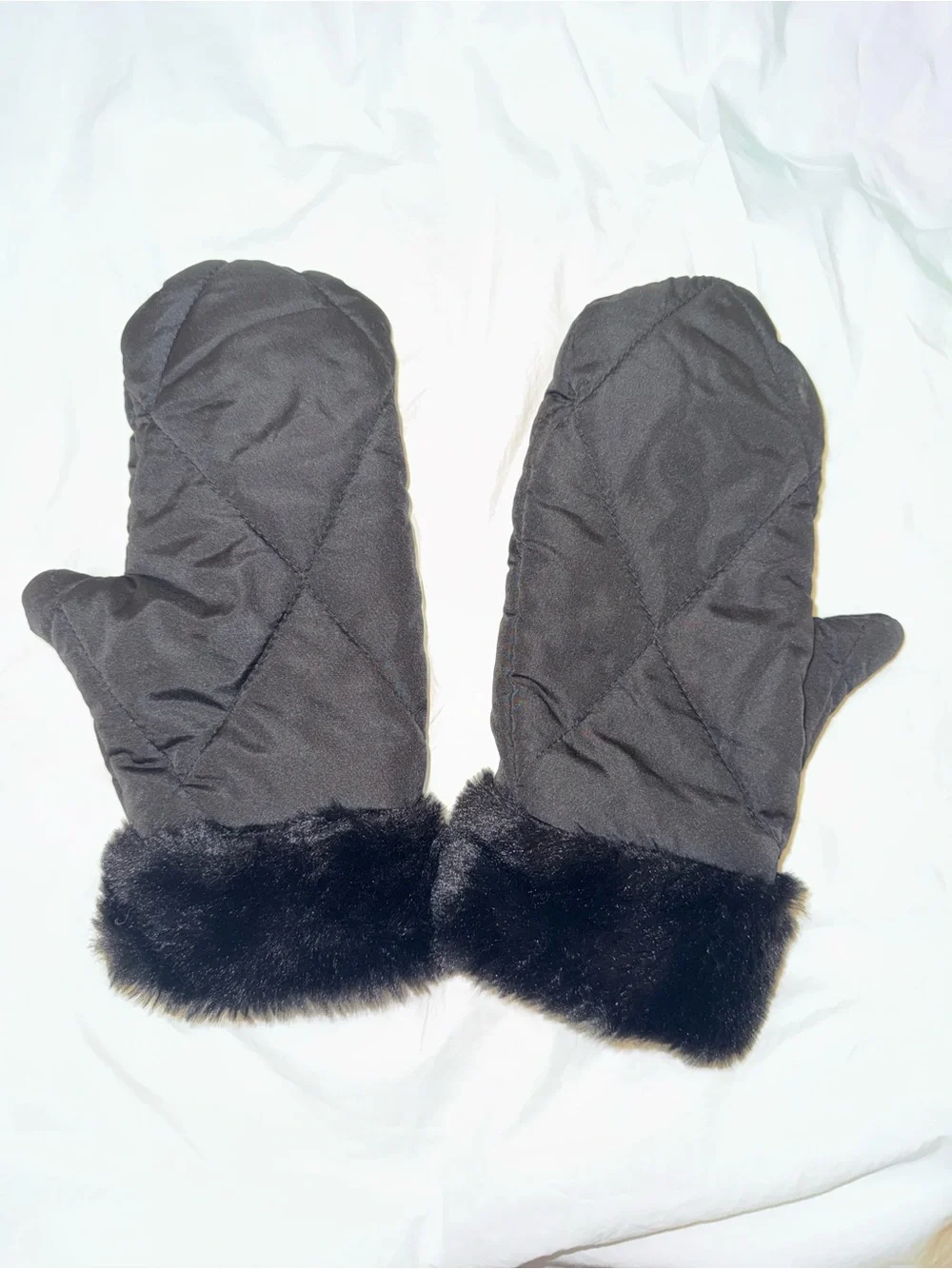 Black Quilted Mittens with Faux Fur Cuff